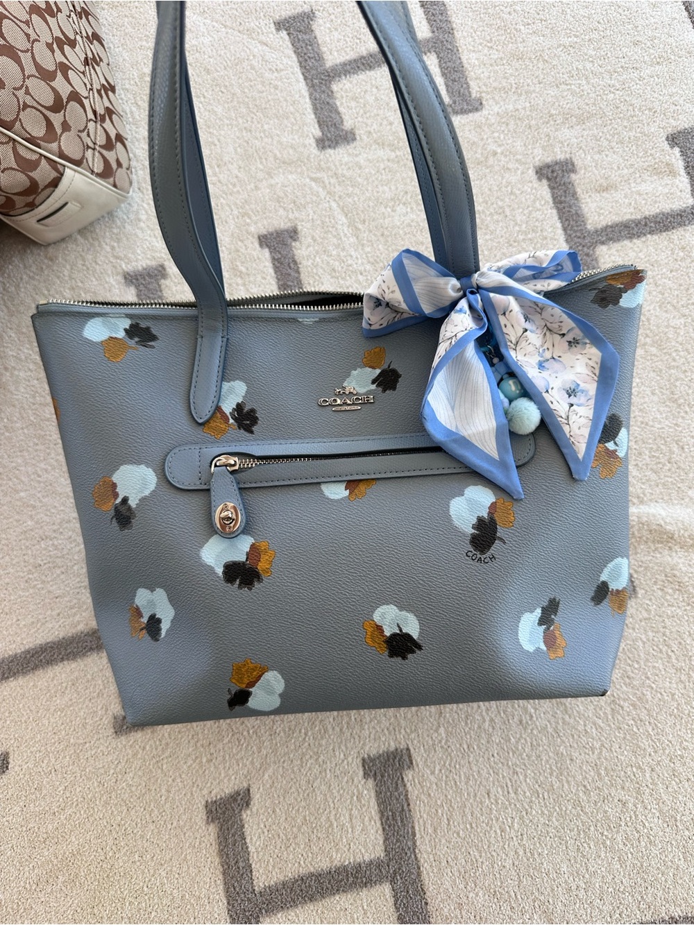 Coach Floral Print Leather Tote Bag in Light Blue 2016 Coach Taylor tote